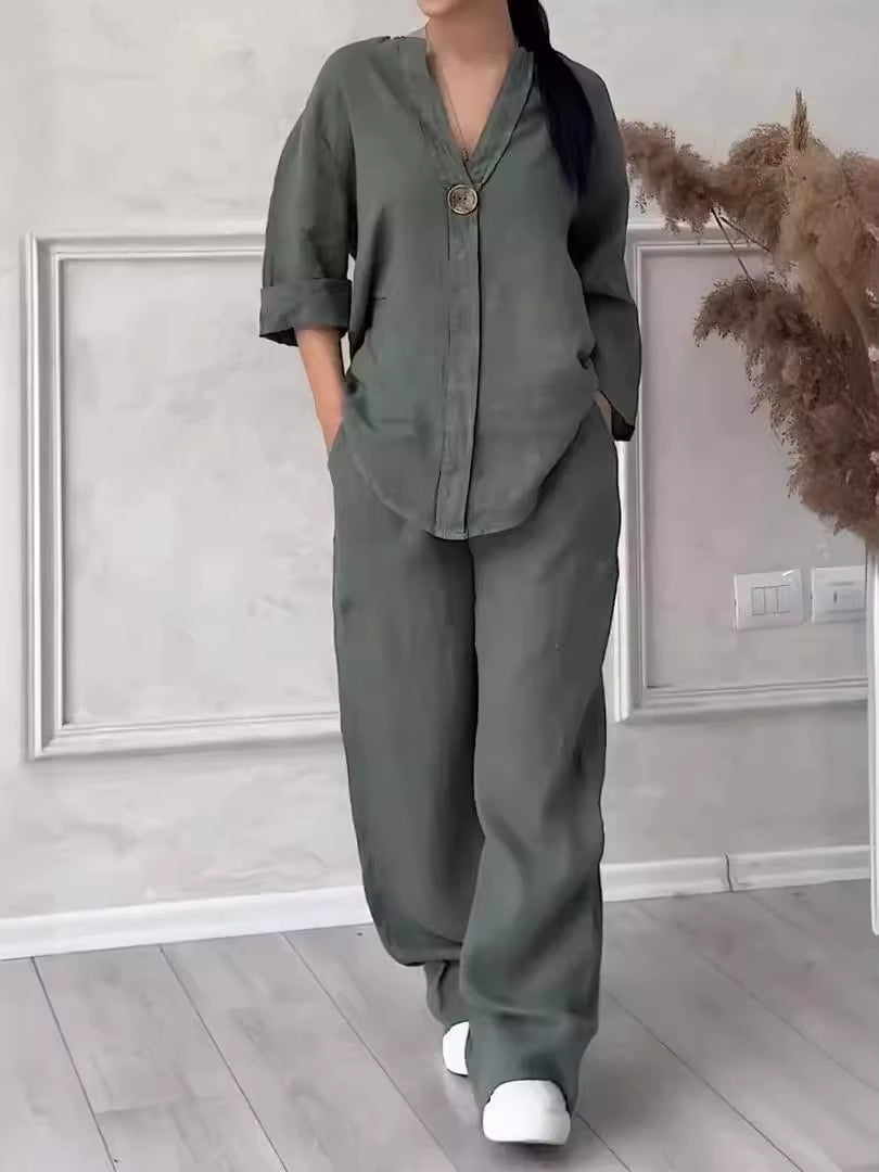 Ensemble 2 pièces femme coton lin – Chemise ample à manches longues et pantalon large élastique, style décontracté chic