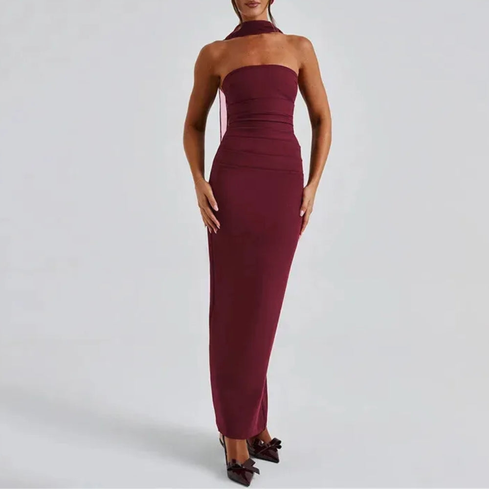 **Women’s Strapless Backless Mesh Bodycon Maxi Dress**