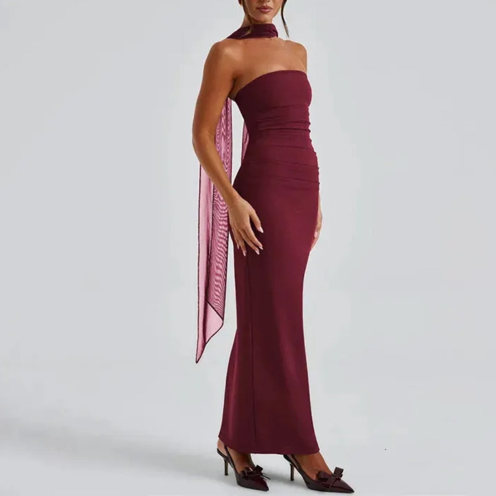 **Women’s Strapless Backless Mesh Bodycon Maxi Dress**
