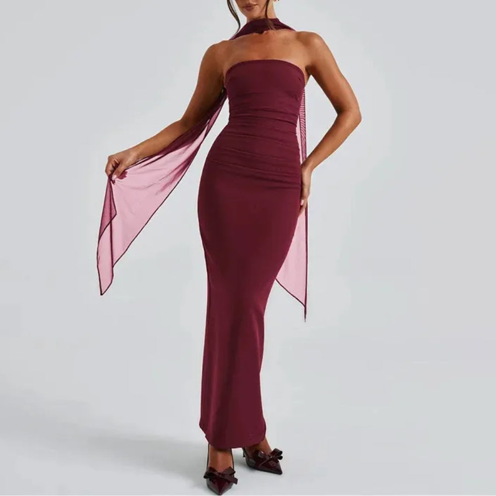 **Women’s Strapless Backless Mesh Bodycon Maxi Dress**