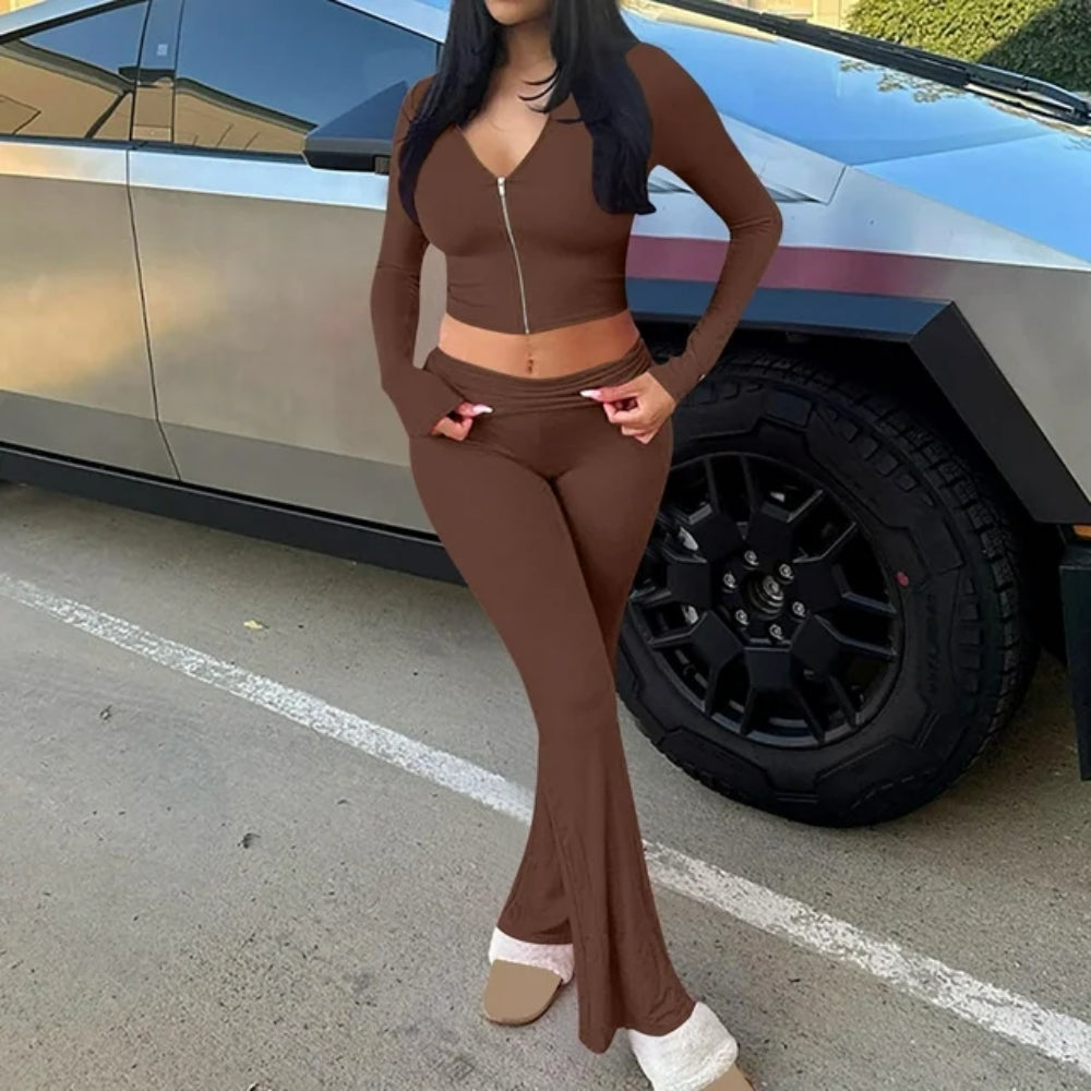 Women’s Casual Zip-Up Top and Flared Pants Set