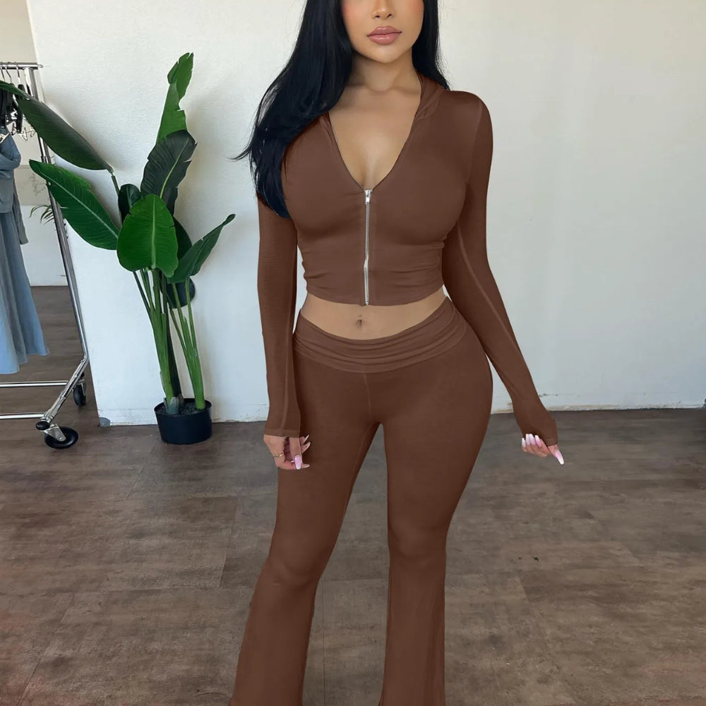 Women’s Casual Zip-Up Top and Flared Pants Set