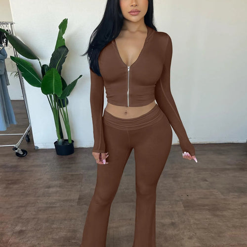 Women’s Casual Zip-Up Top and Flared Pants Set