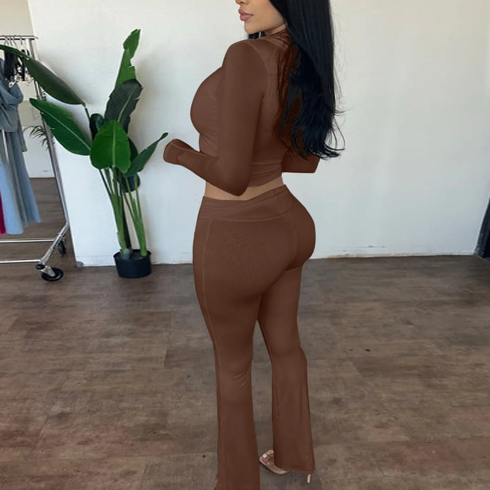 Women’s Casual Zip-Up Top and Flared Pants Set