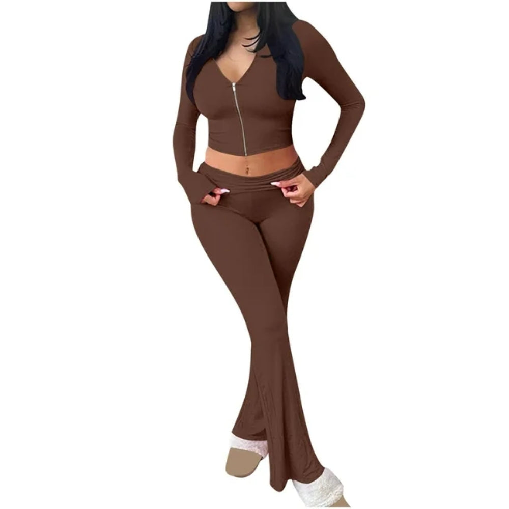 Women’s Casual Zip-Up Top and Flared Pants Set