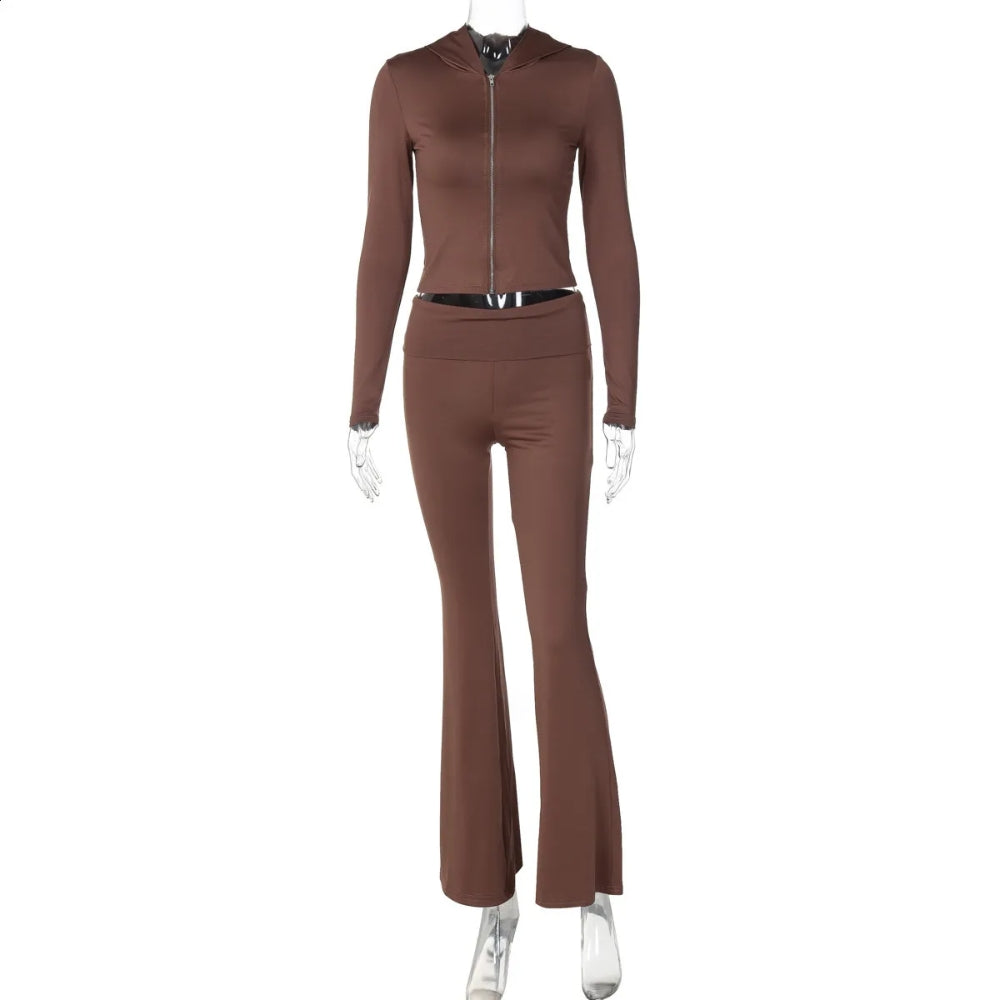 Women’s Casual Zip-Up Top and Flared Pants Set