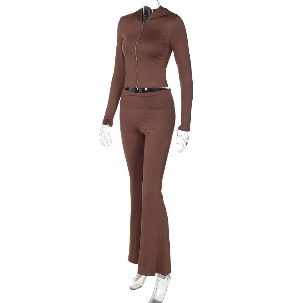 Women’s Casual Zip-Up Top and Flared Pants Set