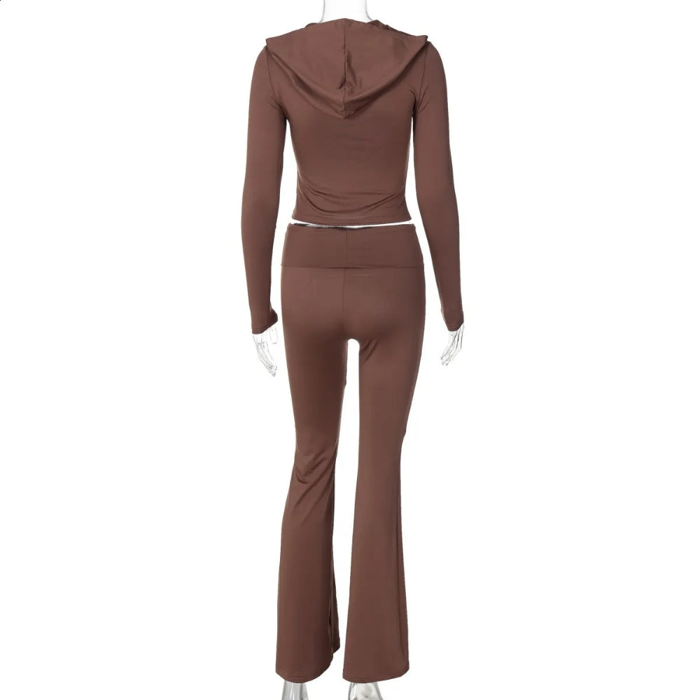 Women’s Casual Zip-Up Top and Flared Pants Set