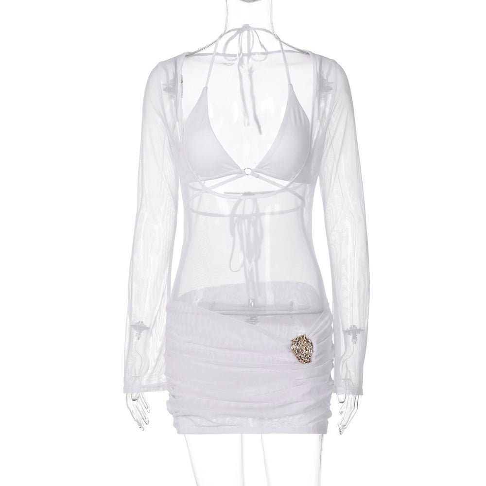 Women’s Lace-Up Mesh Long-Sleeve Dress with Bra Set