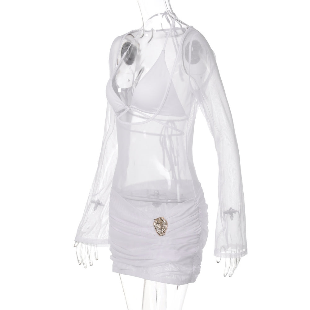 Women’s Lace-Up Mesh Long-Sleeve Dress with Bra Set