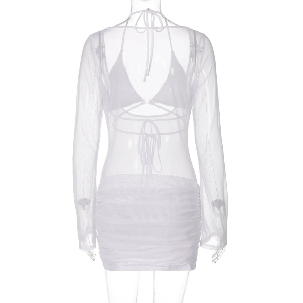 Women’s Lace-Up Mesh Long-Sleeve Dress with Bra Set