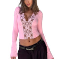 Women’s Long Sleeve Lace Deep V Button-Down Top