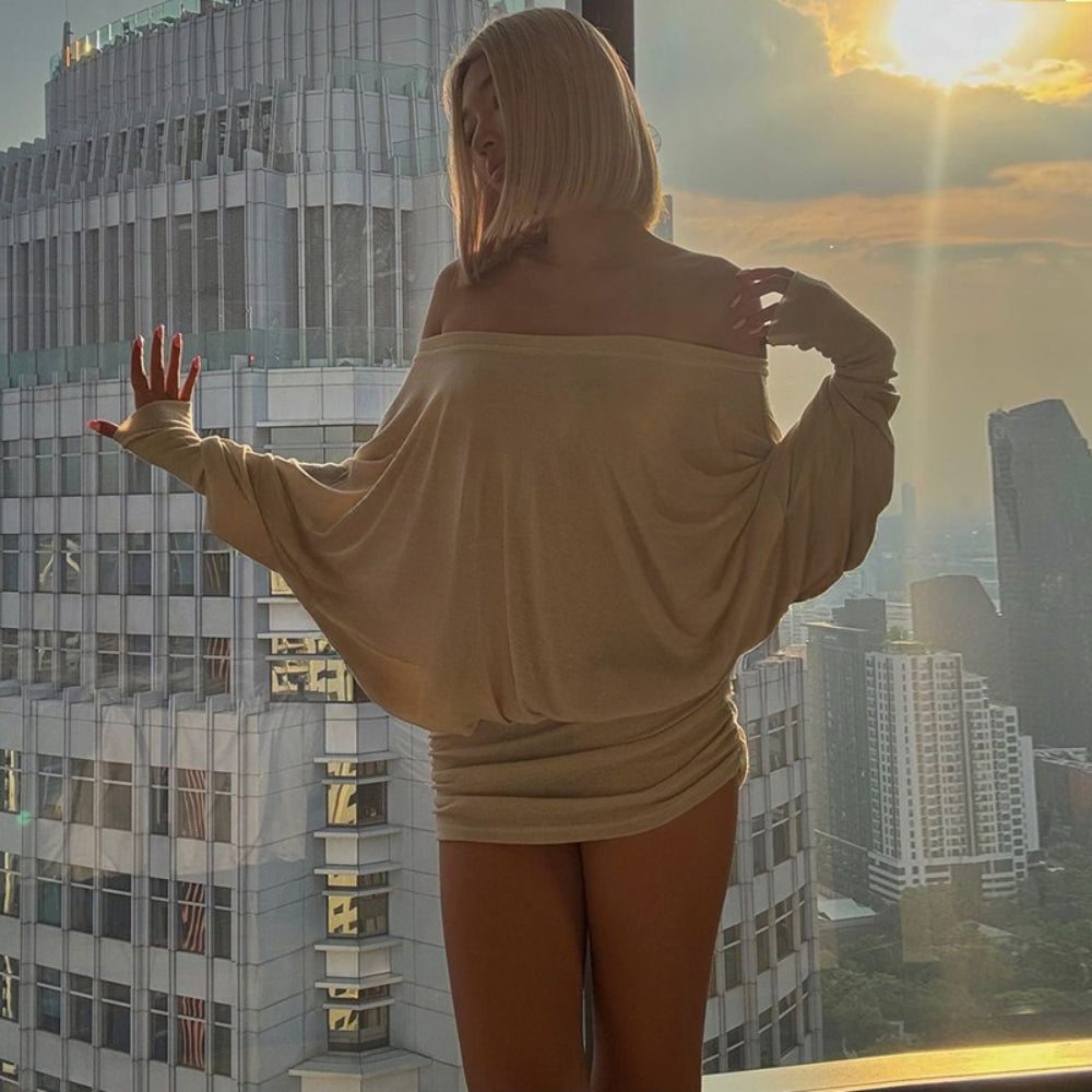 Women’s Off-Shoulder Sheer Ruched Mini Dress