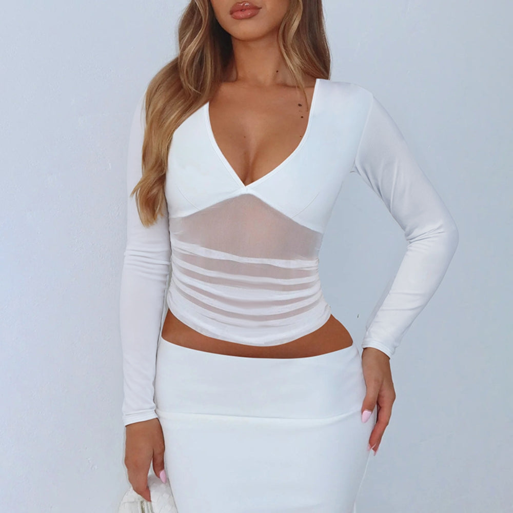 Women’s Deep V Mesh Long Sleeve Bodycon Top