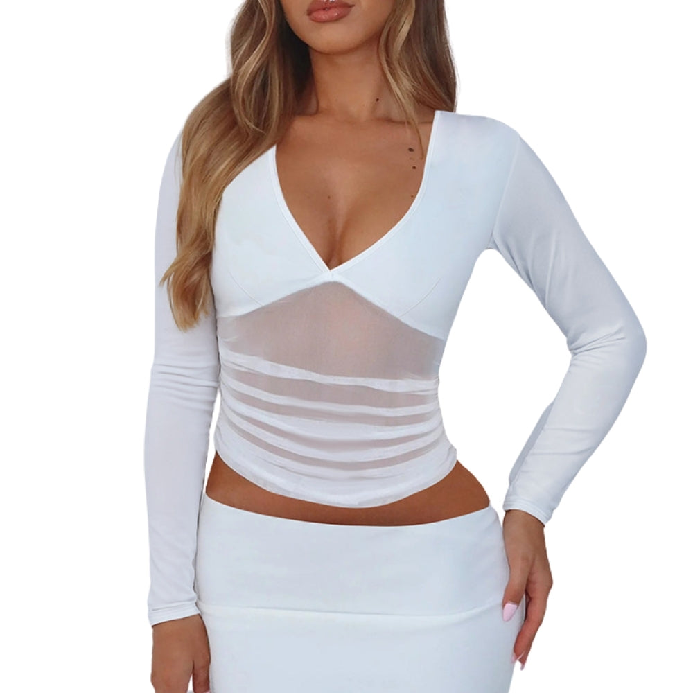 Women’s Deep V Mesh Long Sleeve Bodycon Top