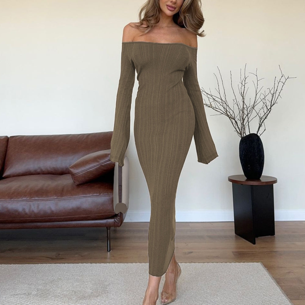 Women’s Off-Shoulder Ribbed Knit Bodycon Midi Dress