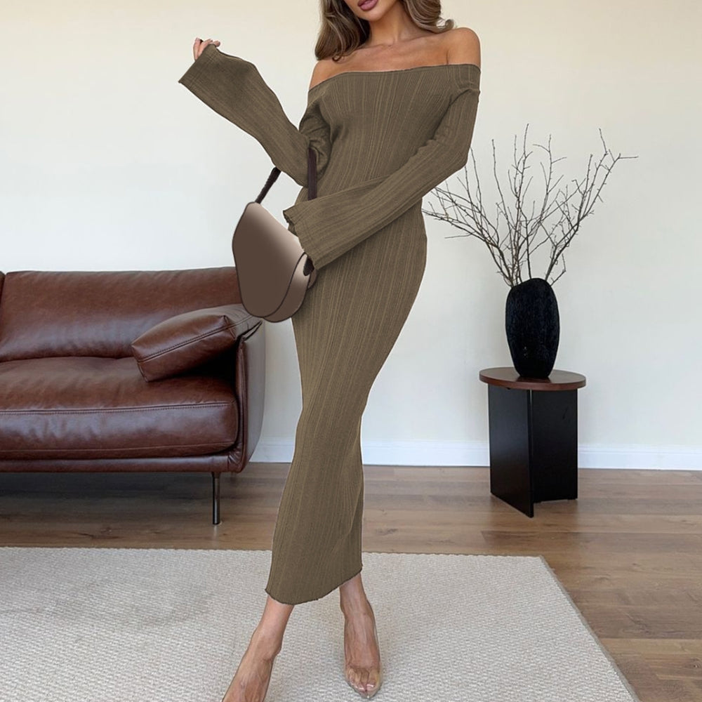 Women’s Off-Shoulder Ribbed Knit Bodycon Midi Dress
