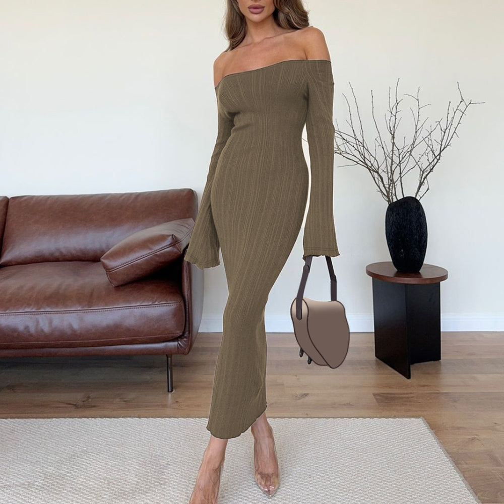 Women’s Off-Shoulder Ribbed Knit Bodycon Midi Dress