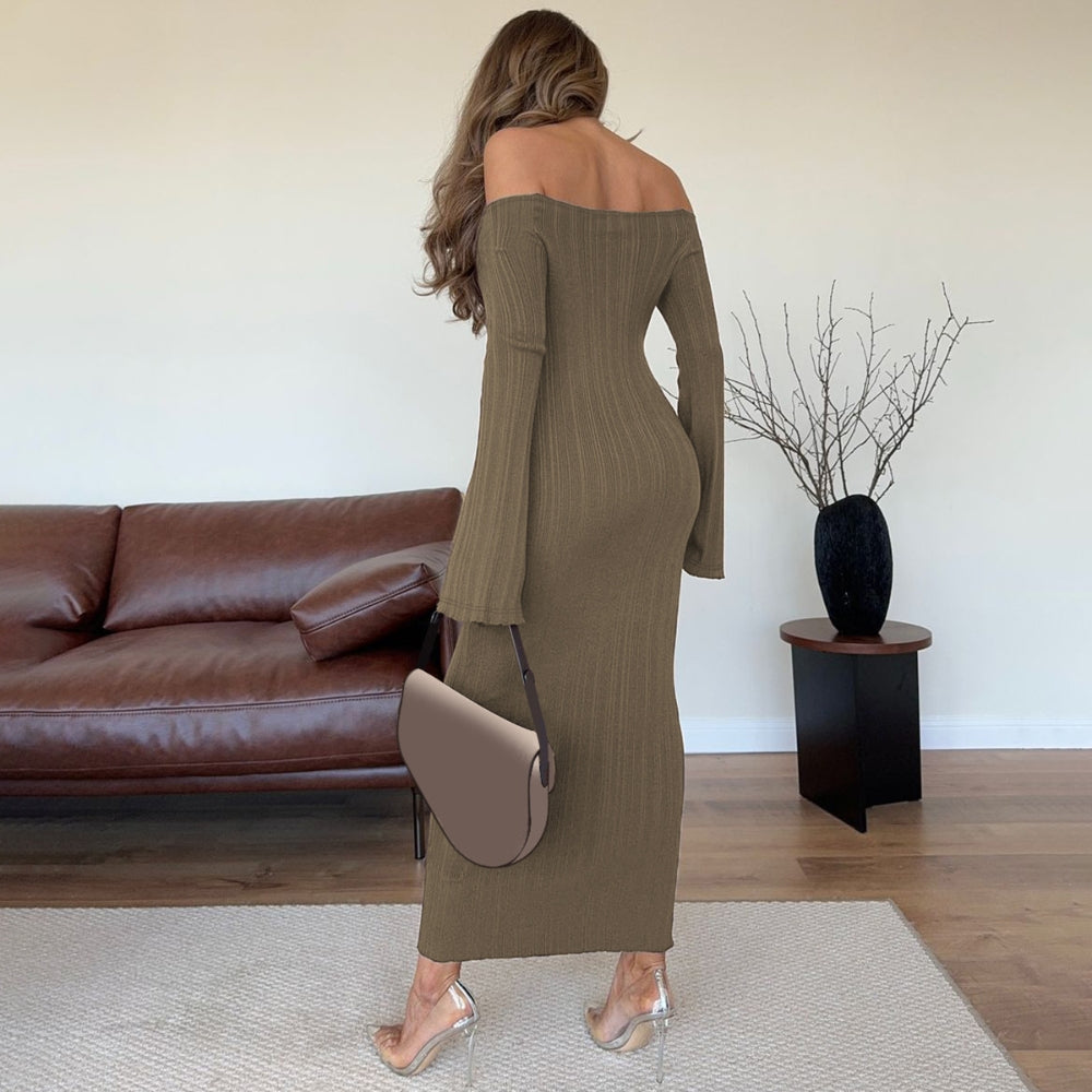 Women’s Off-Shoulder Ribbed Knit Bodycon Midi Dress