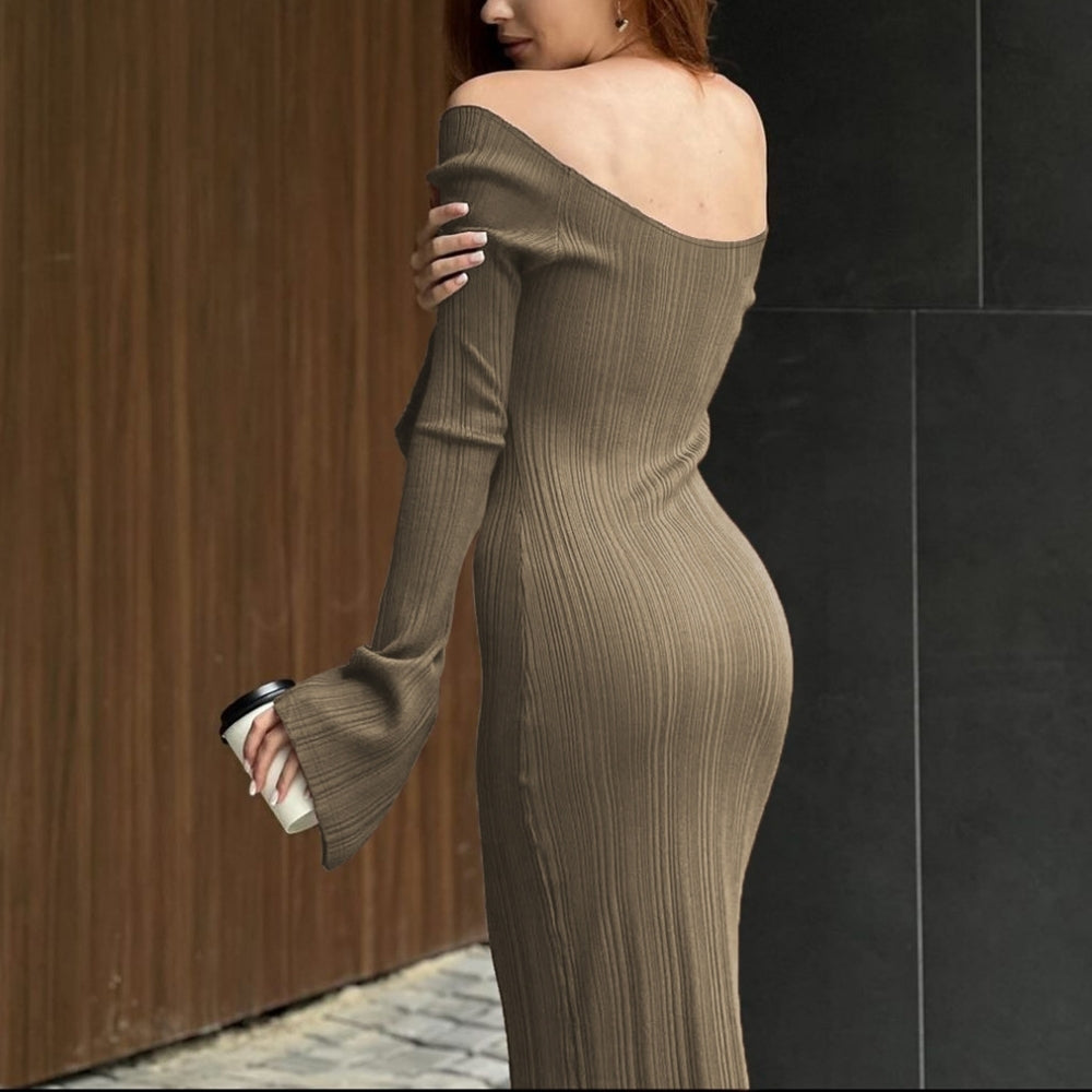 Women’s Off-Shoulder Ribbed Knit Bodycon Midi Dress
