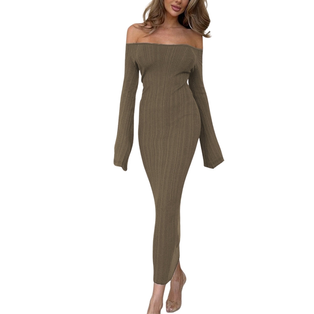 Women’s Off-Shoulder Ribbed Knit Bodycon Midi Dress