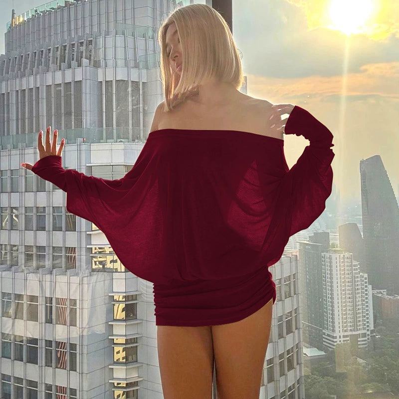 Women’s Off-Shoulder Sheer Ruched Mini Dress