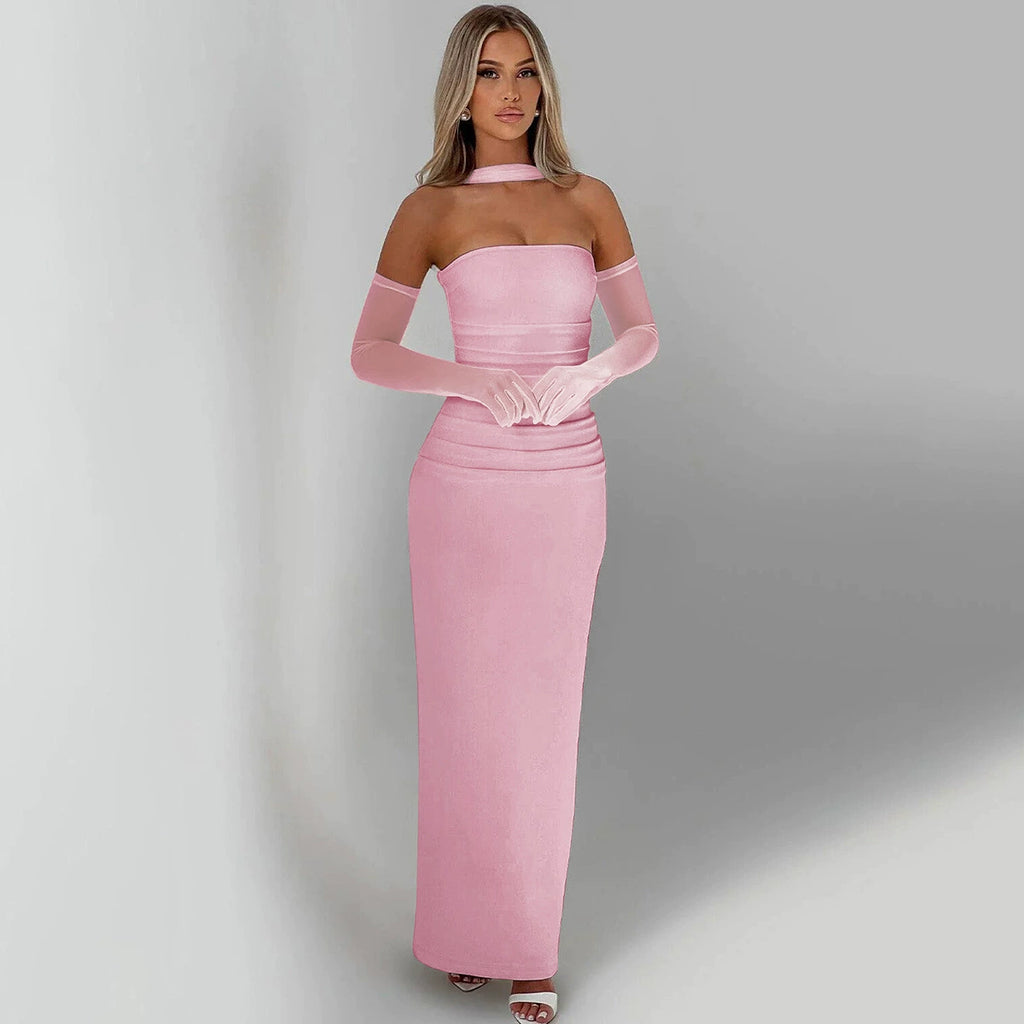 **Women’s Strapless Backless Mesh Bodycon Maxi Dress**