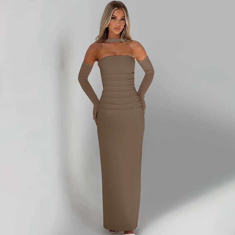 **Women’s Strapless Backless Mesh Bodycon Maxi Dress**