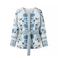 Women’s Blue Floral Cotton Coat with Belt