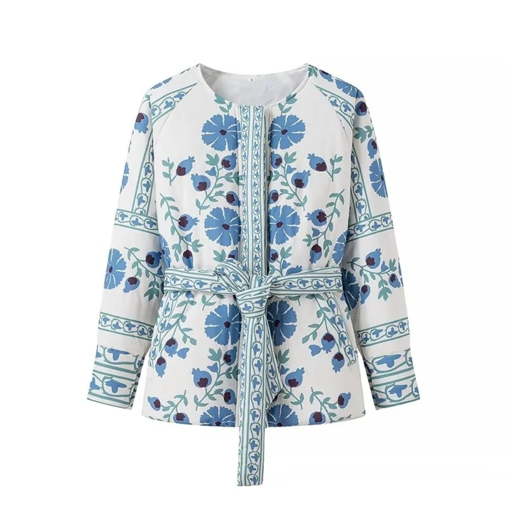 Women’s Blue Floral Cotton Coat with Belt