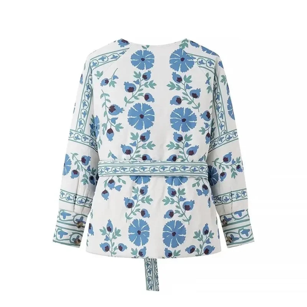 Women’s Blue Floral Cotton Coat with Belt