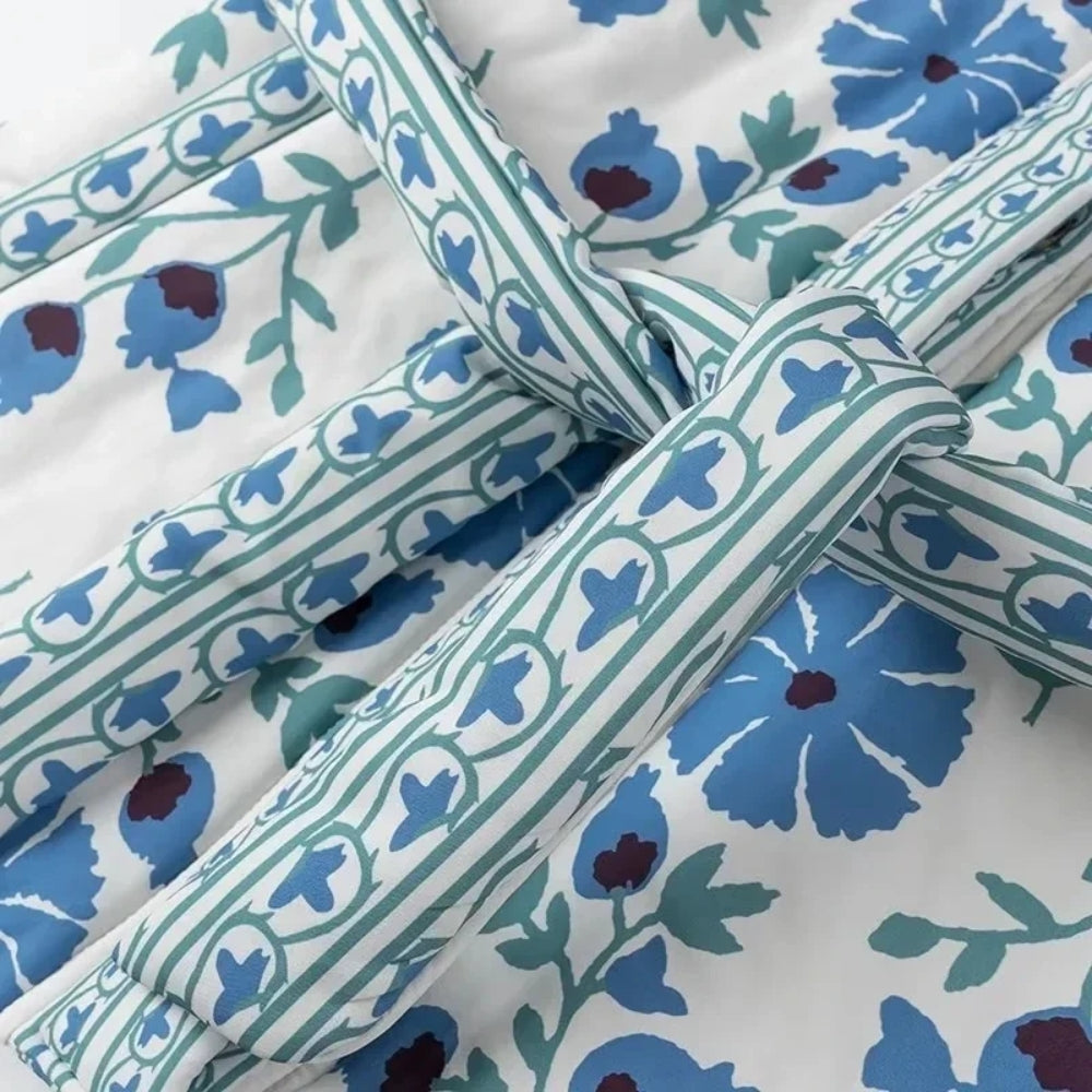 Women’s Blue Floral Cotton Coat with Belt