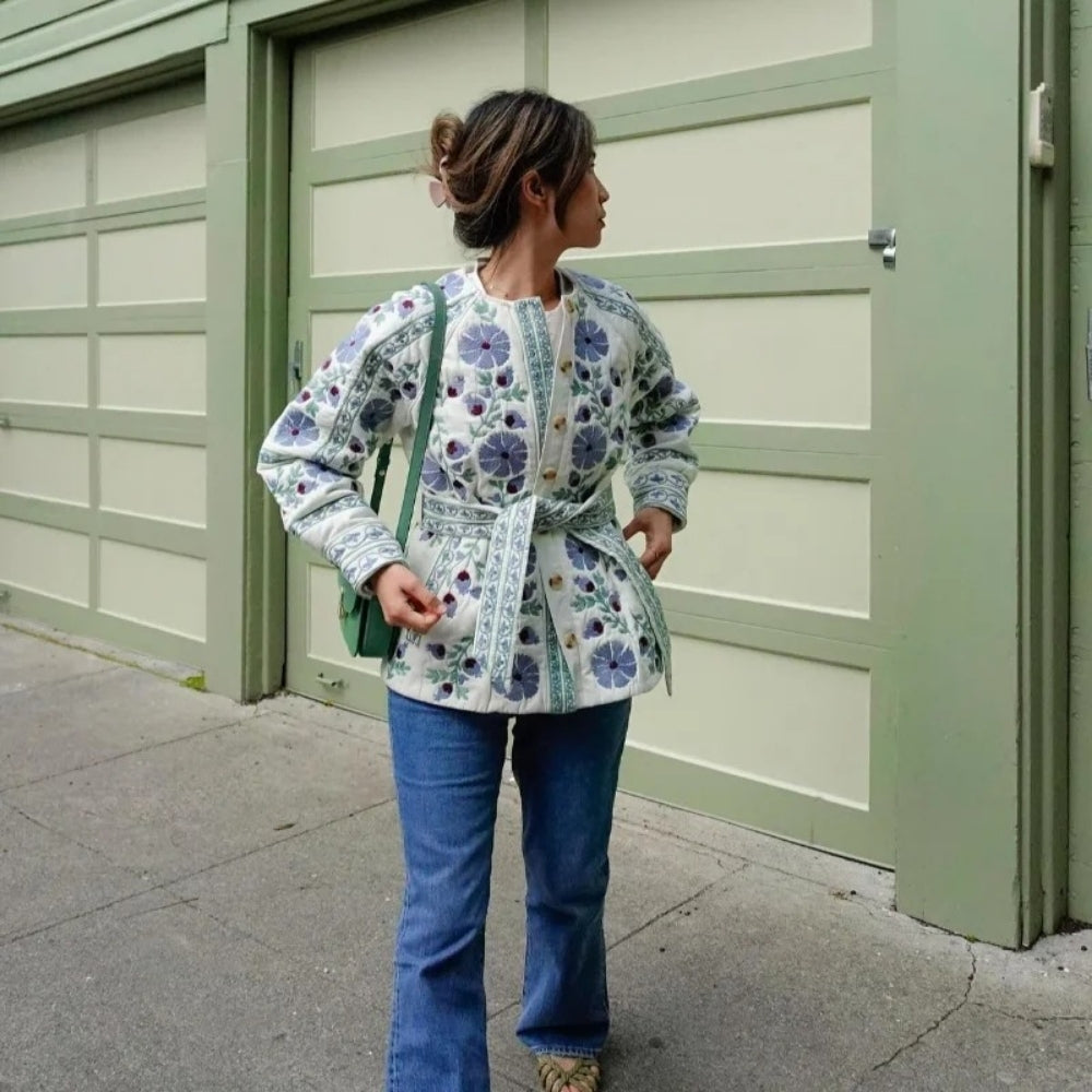 Women’s Blue Floral Cotton Coat with Belt