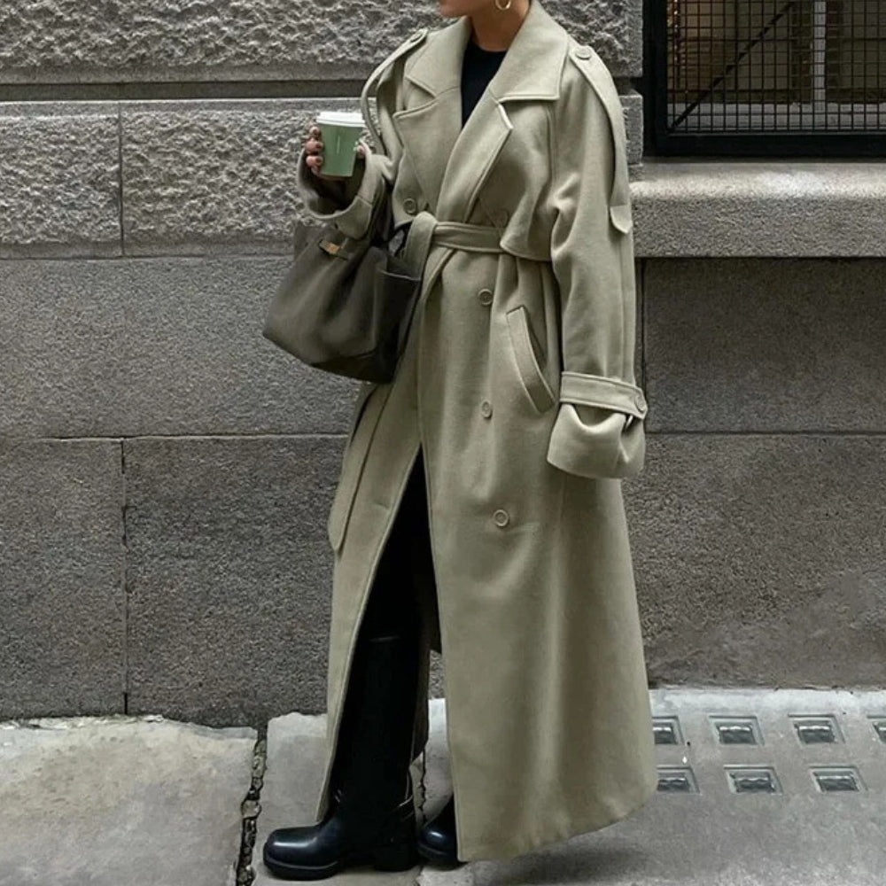Women’s Solid Double-Breasted Long Coat with Belt