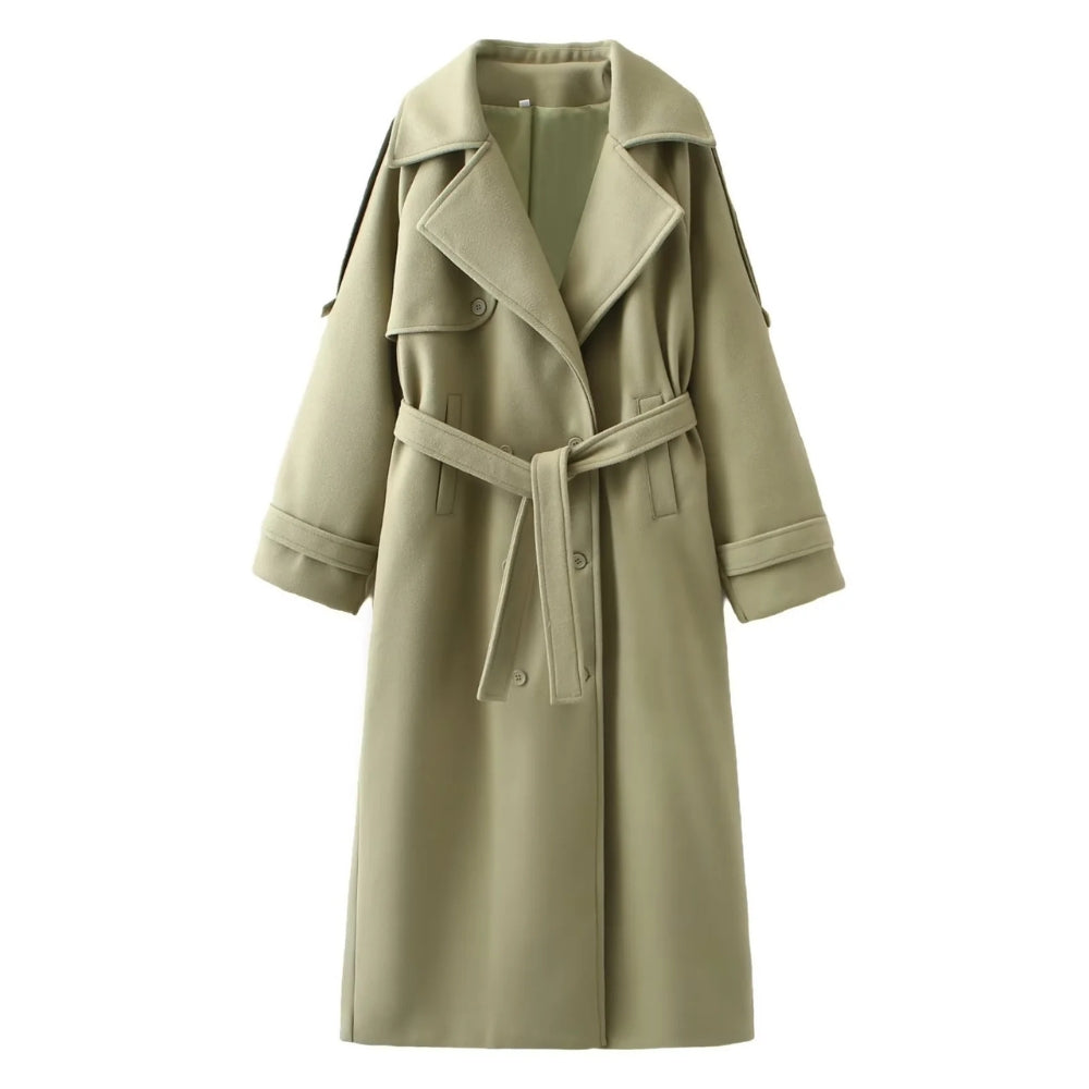 Women’s Solid Double-Breasted Long Coat with Belt