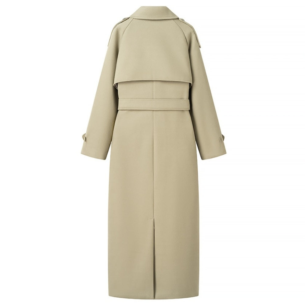 Women’s Solid Double-Breasted Long Coat with Belt