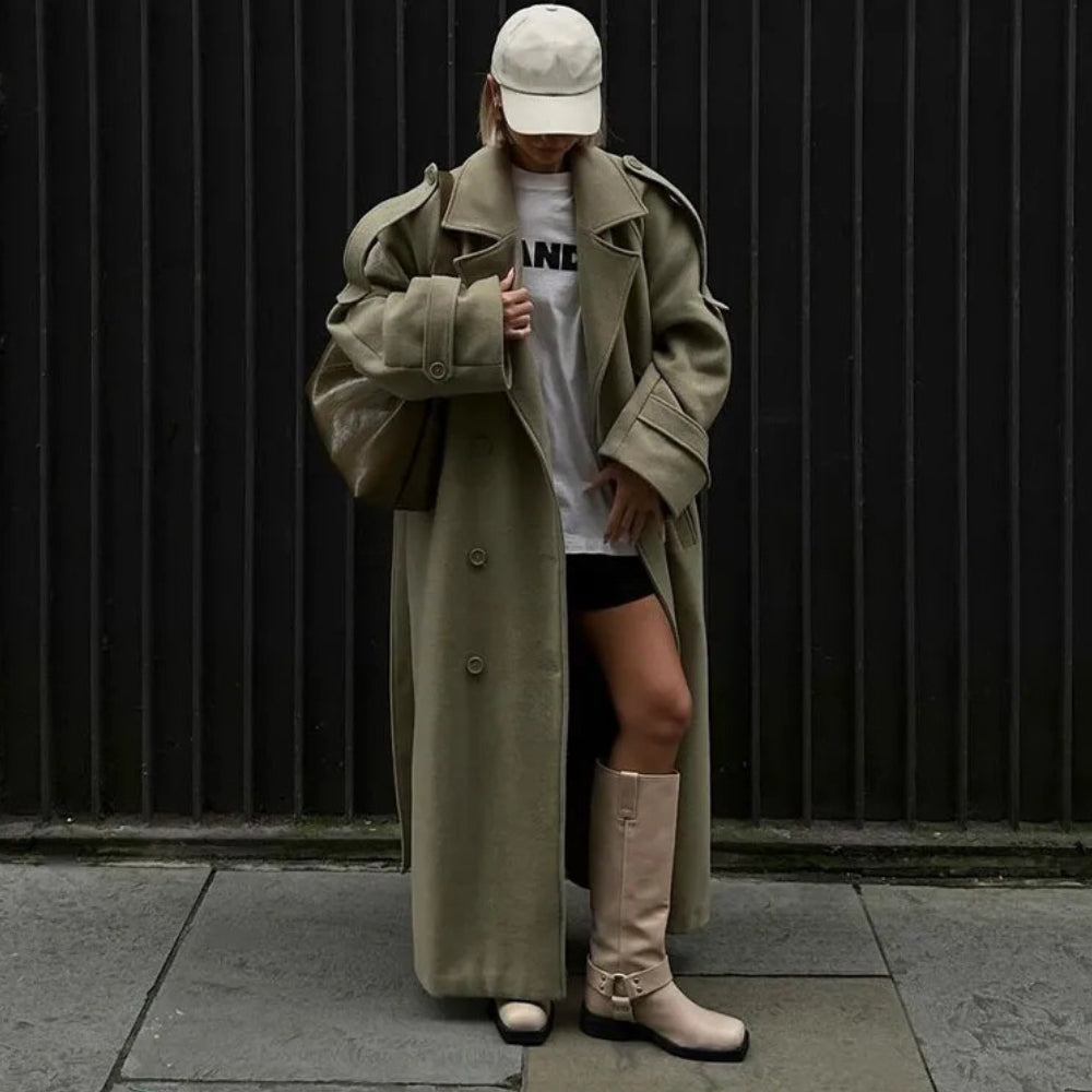 Women’s Solid Double-Breasted Long Coat with Belt