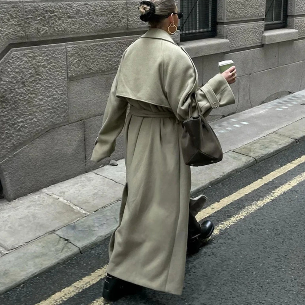 Women’s Solid Double-Breasted Long Coat with Belt