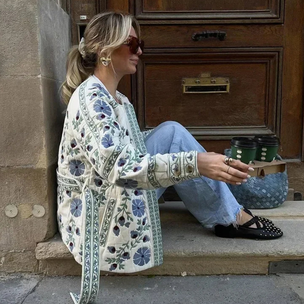 Women’s Blue Floral Cotton Coat with Belt