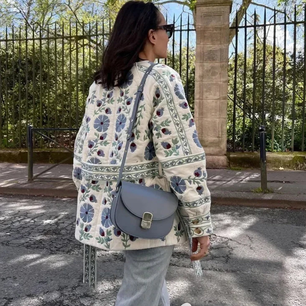 Women’s Blue Floral Cotton Coat with Belt