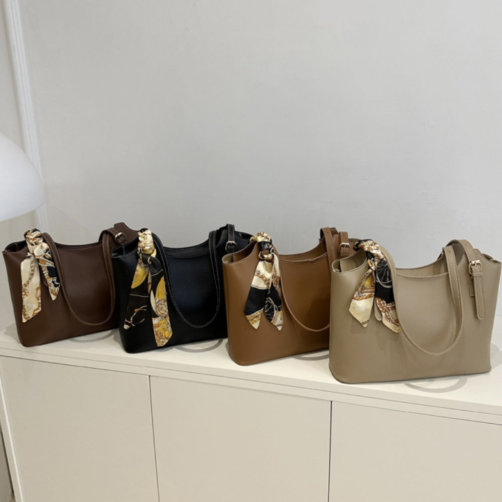 Women’s Large Faux Leather Tote Bag with Scarf Adjustable Strap