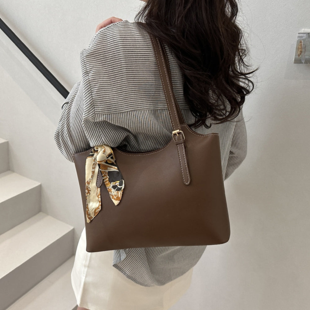 Women’s Large Faux Leather Tote Bag with Scarf Adjustable Strap