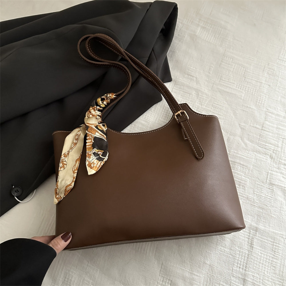 Women’s Large Faux Leather Tote Bag with Scarf Adjustable Strap