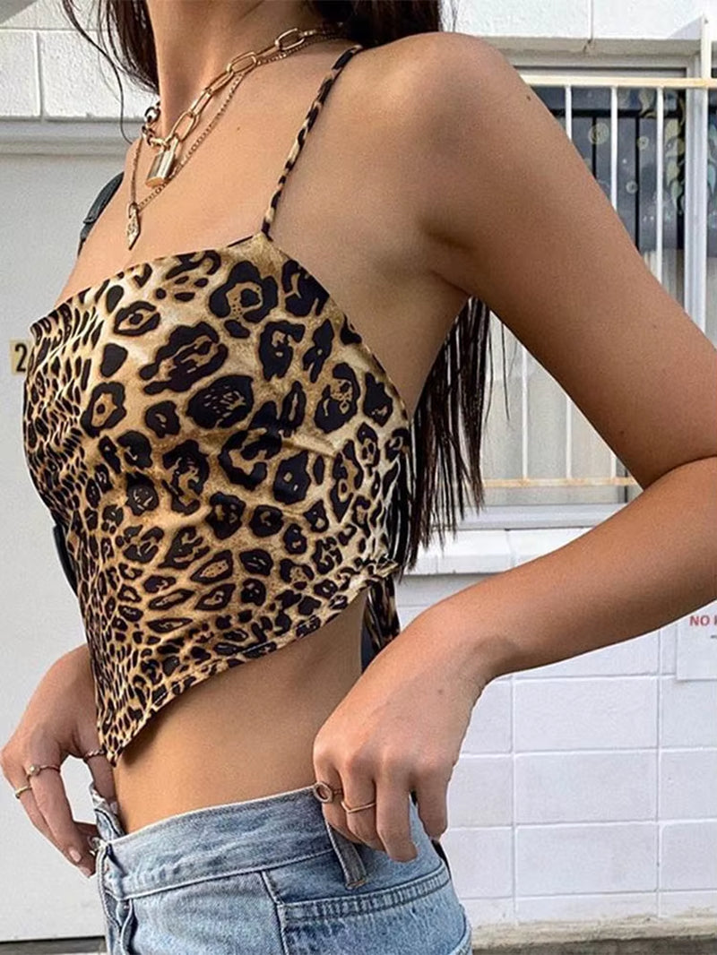 Leopard Pattern Women Tank Tops Backless Sexy Rave Outfits Sleeveless Cross Lace up Bralette Crop Top Summer Streetwear