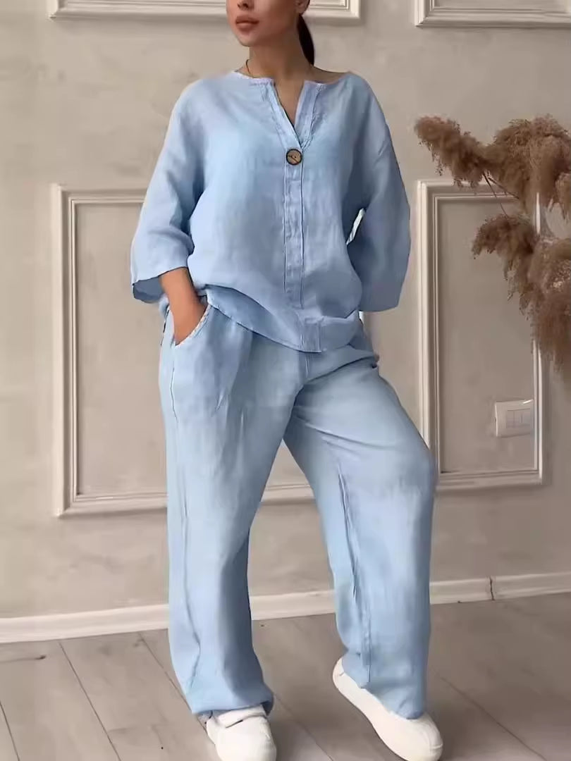 Ensemble 2 pièces femme coton lin – Chemise ample à manches longues et pantalon large élastique, style décontracté chic
