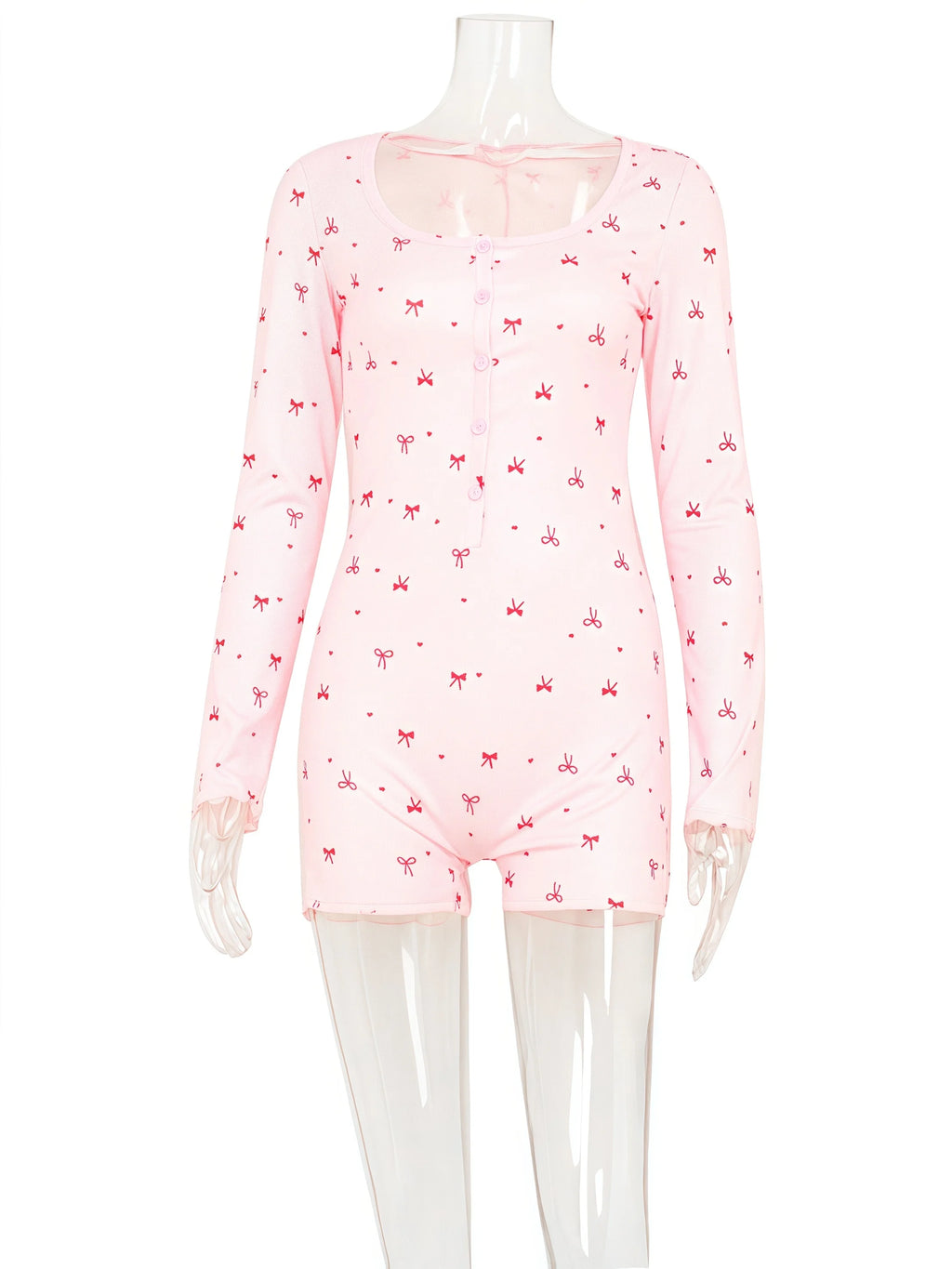 Fashion Women'S Playsuits Print Regular Long Sleeves O-Neck Skinny Slim Fit Buttons Causal Sleepwear Female Rompers