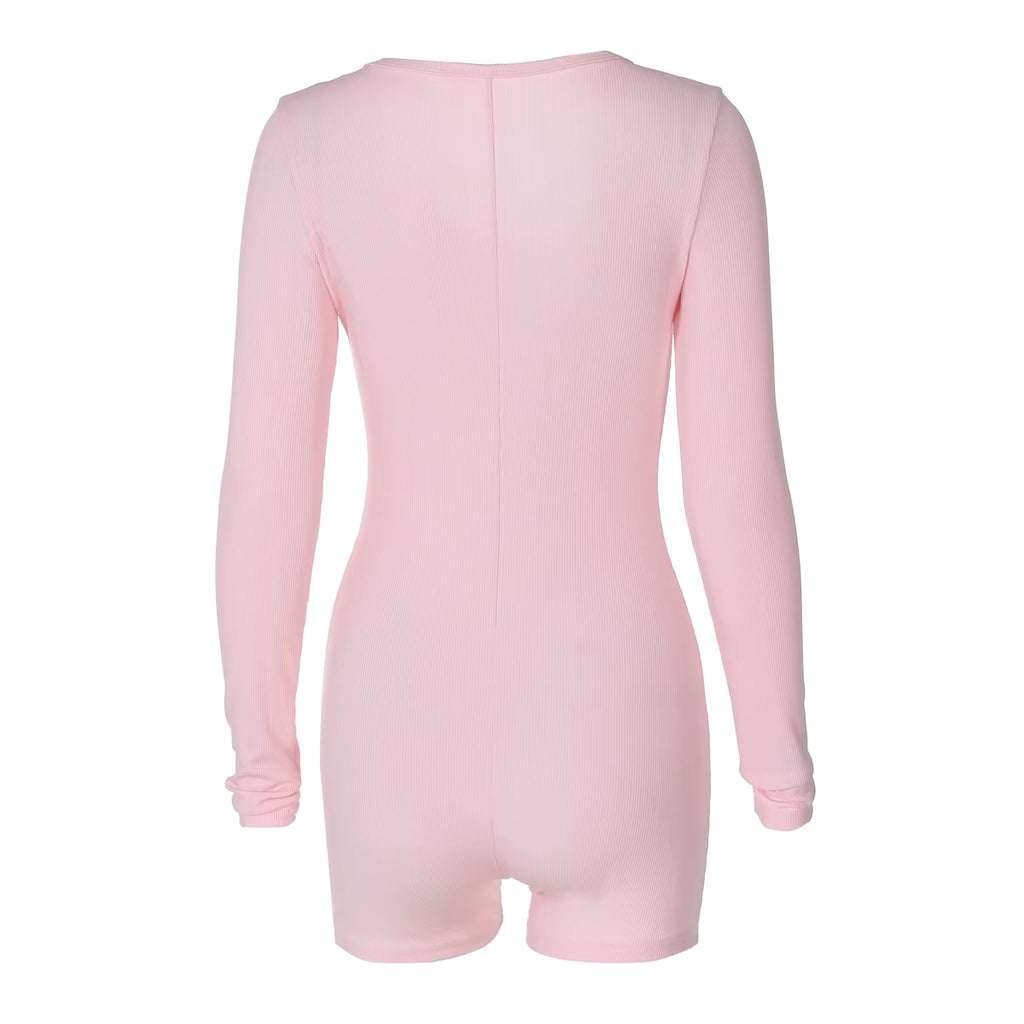 Combishort Hugcitar Femme – Printemps Côtelé, Col Carré, Moulant & Sexy, Manches Longues, Boutons – Streetwear & Sport