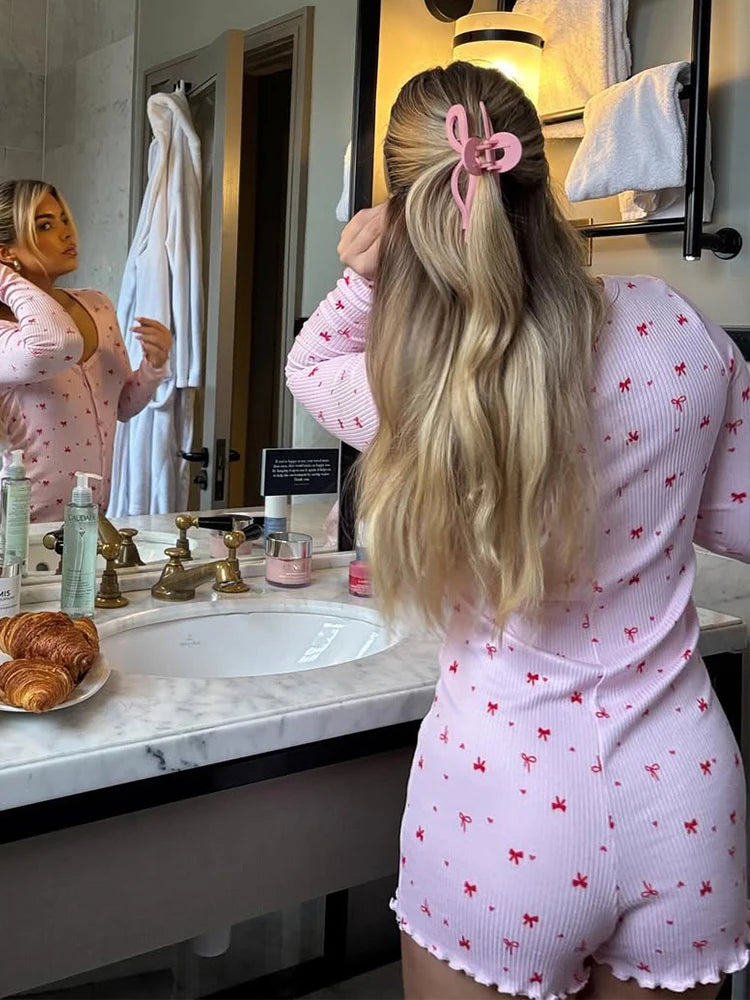 Fashion Women'S Playsuits Print Regular Long Sleeves O-Neck Skinny Slim Fit Buttons Causal Sleepwear Female Rompers