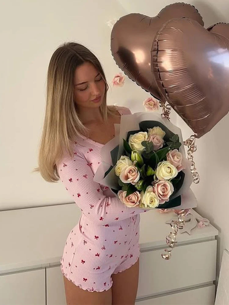 Fashion Women'S Playsuits Print Regular Long Sleeves O-Neck Skinny Slim Fit Buttons Causal Sleepwear Female Rompers