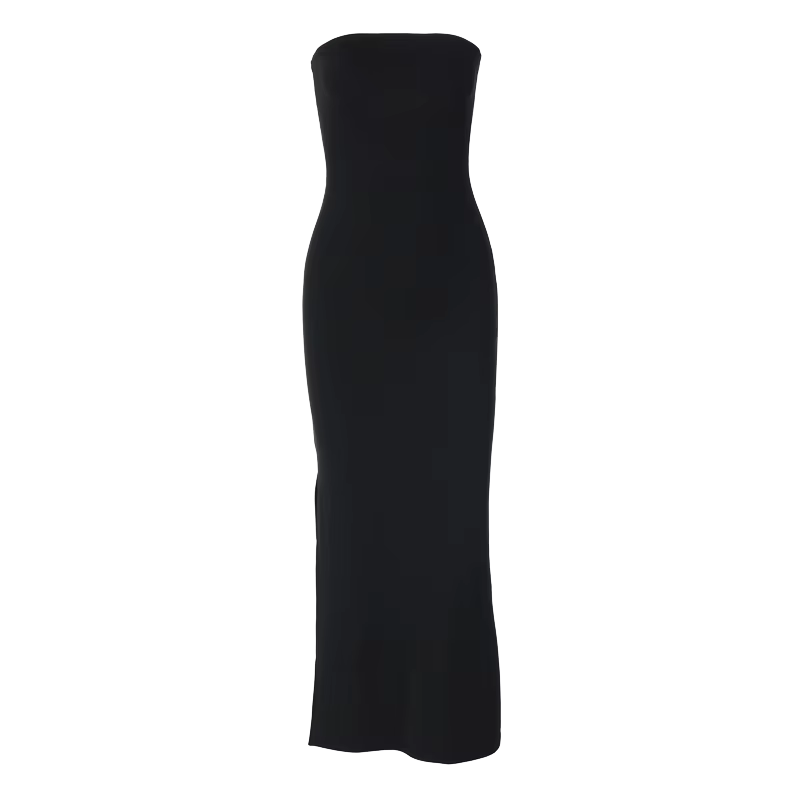 Robe Longue Satinée Sans Bretelles au Dos Nu Sensuel et à la Coupe Évasée – Élégance Moderne, Style Minimaliste et Silhouette Sublimée pour Toutes Vos Soirées et Événements